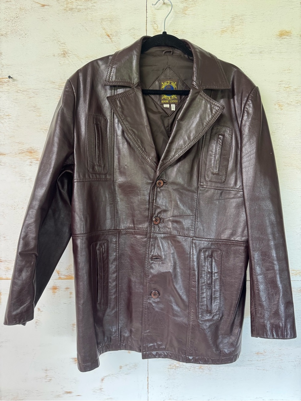 Vintage World Wide Sports Wear Men's Brown Leather Overcoat Size 44
